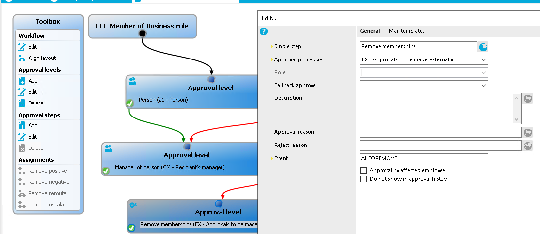 Toolbox Workflow Align layout Approval levels 17 Delete Approval steps Assignments Remove positive Remove negative Remove reroute Remove escalation CCC Member of Business role Person (ZI Approval level - Person) Single step Approual procedure Fallback apprcnrr Description Approual reason Rejectreason General Mail templates Remoue memberships EX- Approuals to be made eRernaIIy AUTOREMOVE Approual by affected employee Do not showin approual history Approval level Manager OF person (CM - Recipient's manager) Approval level Remove memberships (EX - Approvals to be mad 